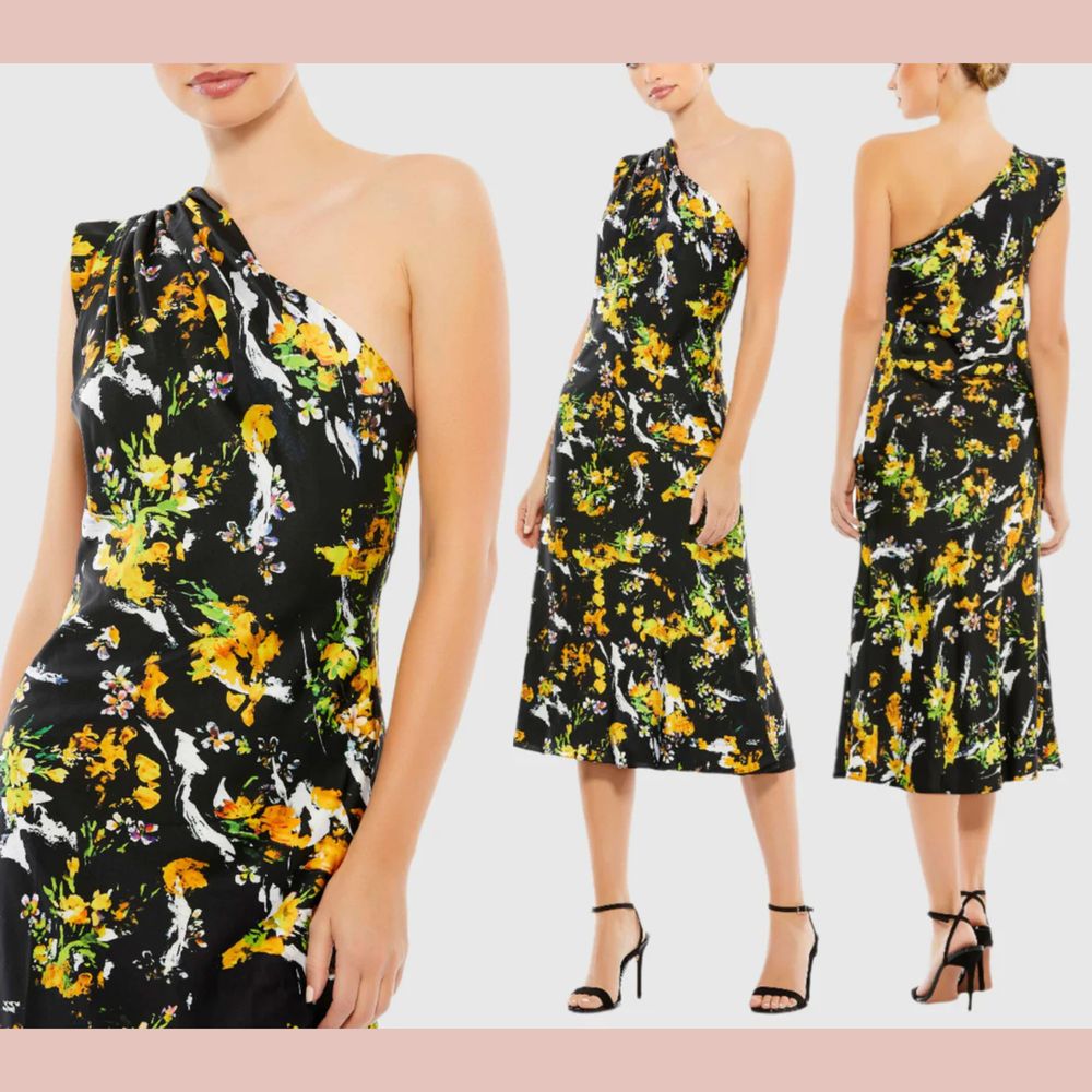 Nwd Ieena Mac Duggal [ 0 ] 55630 Floral Draped One Shoulder Midi Dress #6329